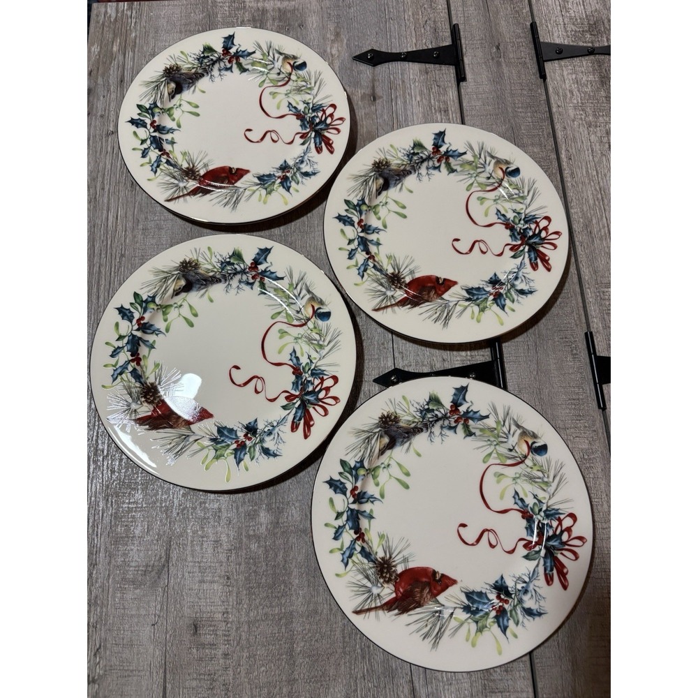 Lenox Winter Greetings Set 4 Salad Plates 8.25" Birds Gold Trim Christmas